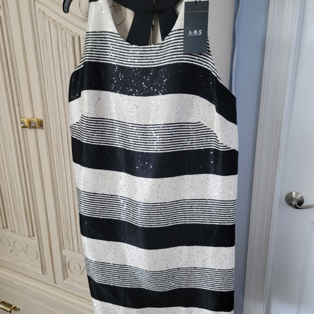 ABS Allen Schwartz Black and White Sequin Stripe Midi Dress